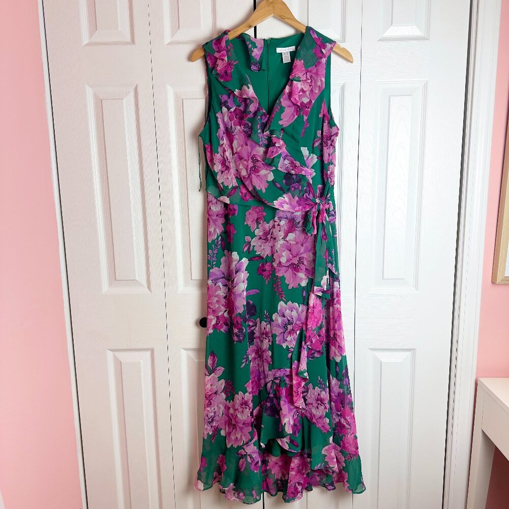 London Times Sleeveless Ruffle Wrap Midi Dress, Size 12